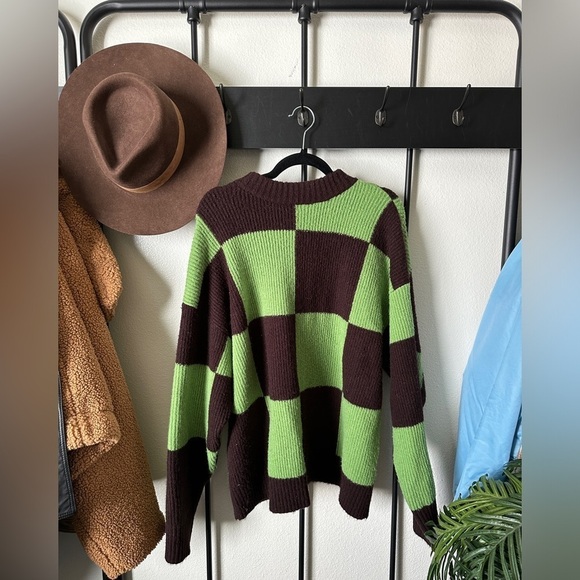 collusion Sweaters - Collision green brown checkerboard checker oversized knit pullover sweater